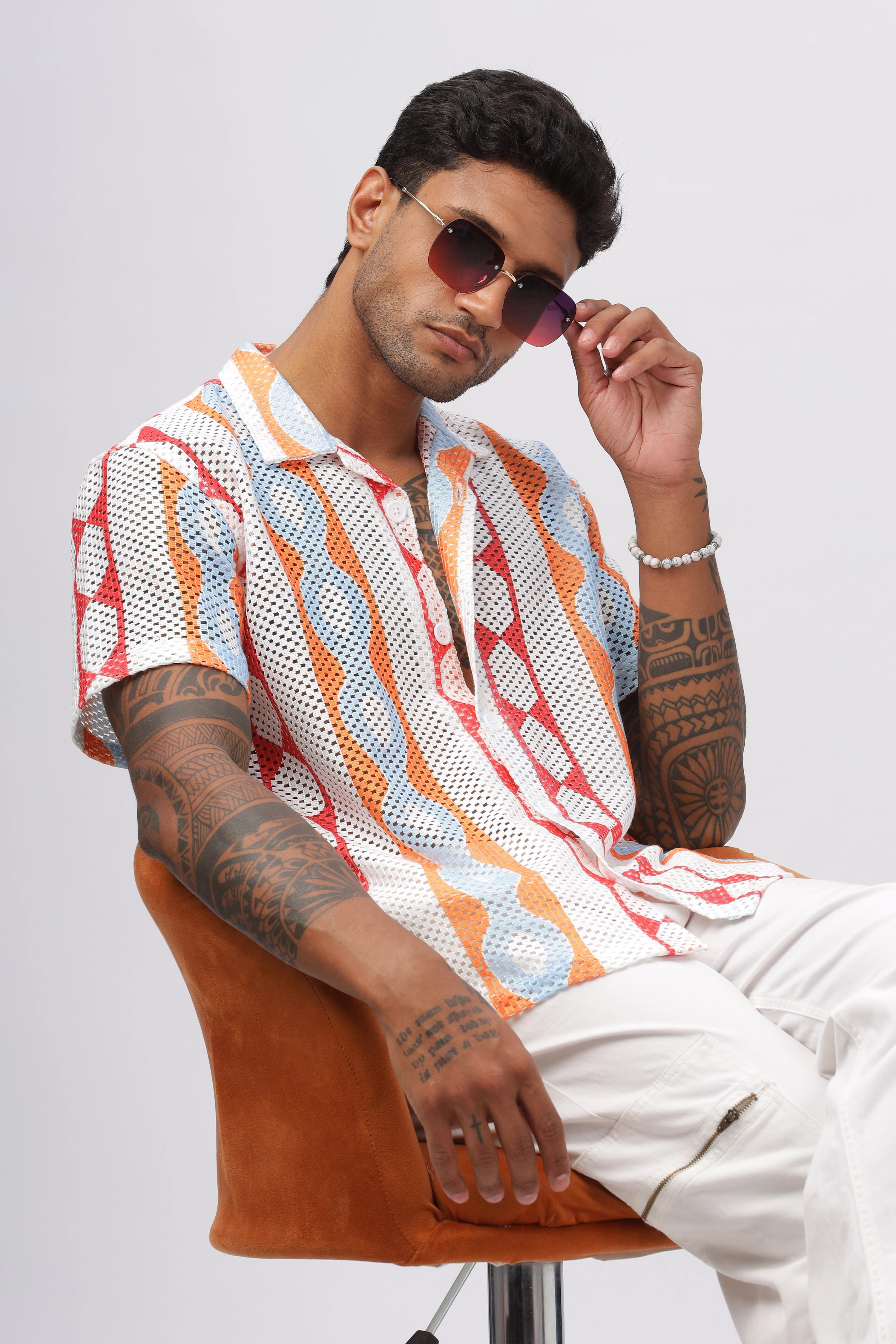 Orange crochet stripe printed shirt