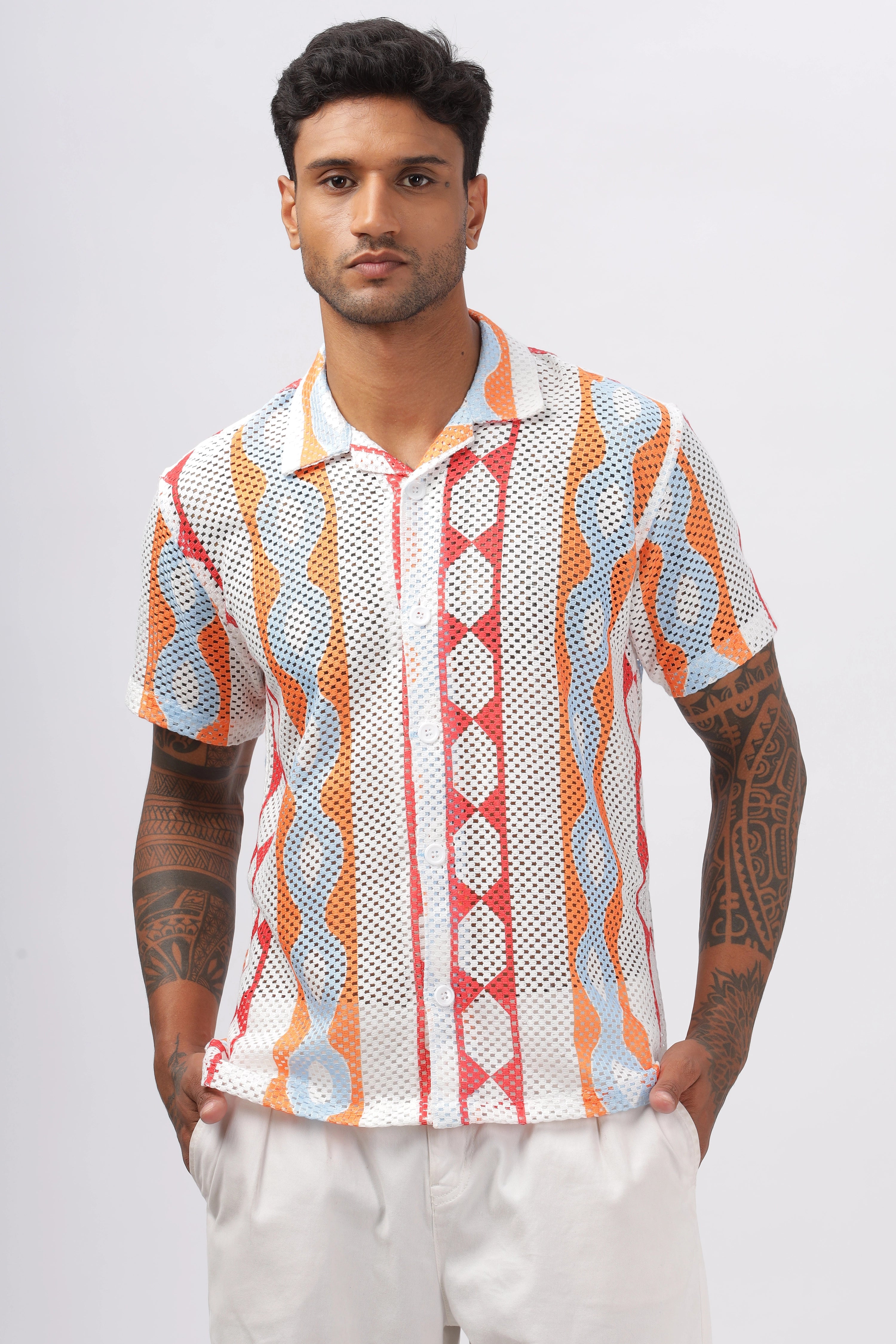 Orange crochet stripe printed shirt