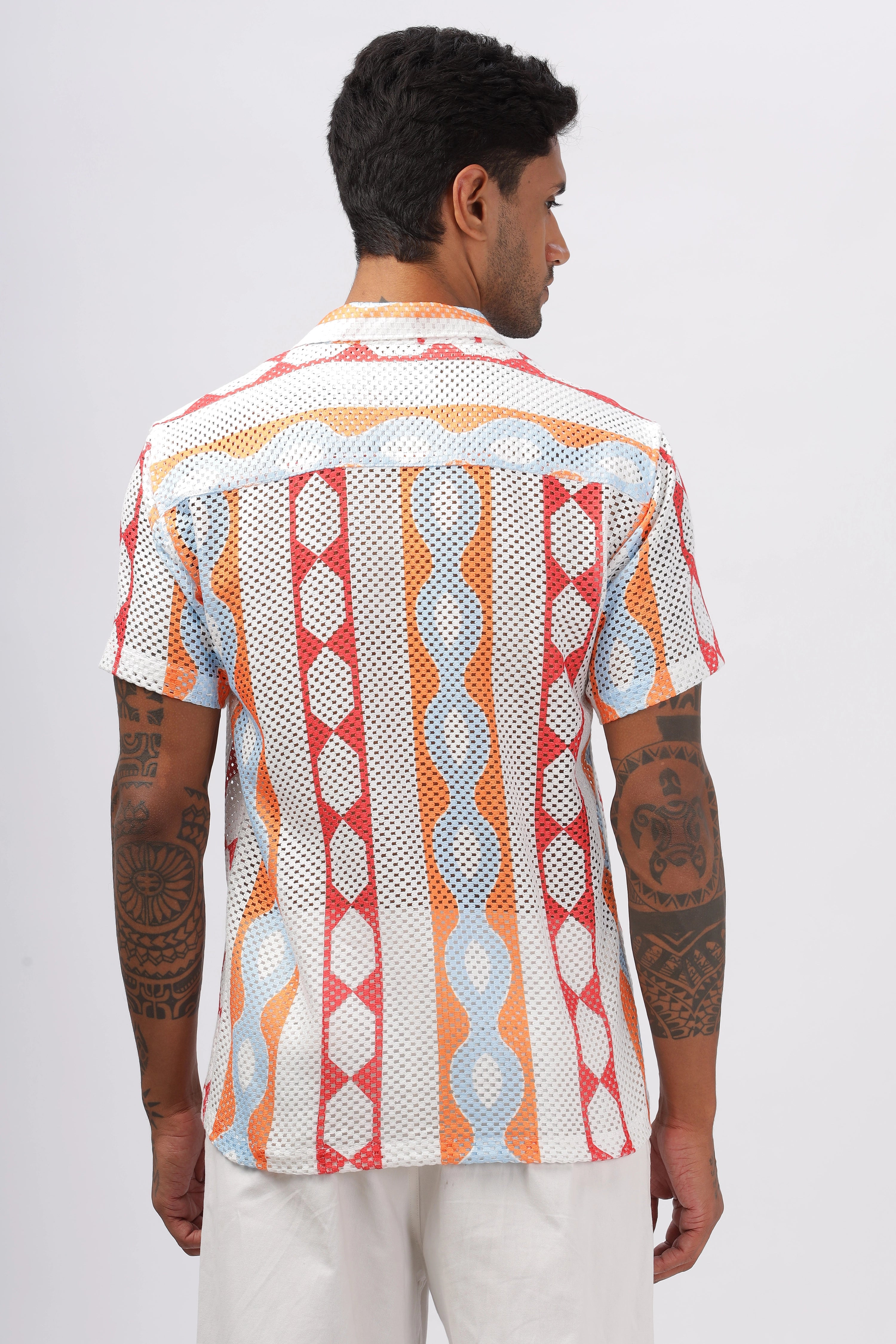 Orange crochet stripe printed shirt