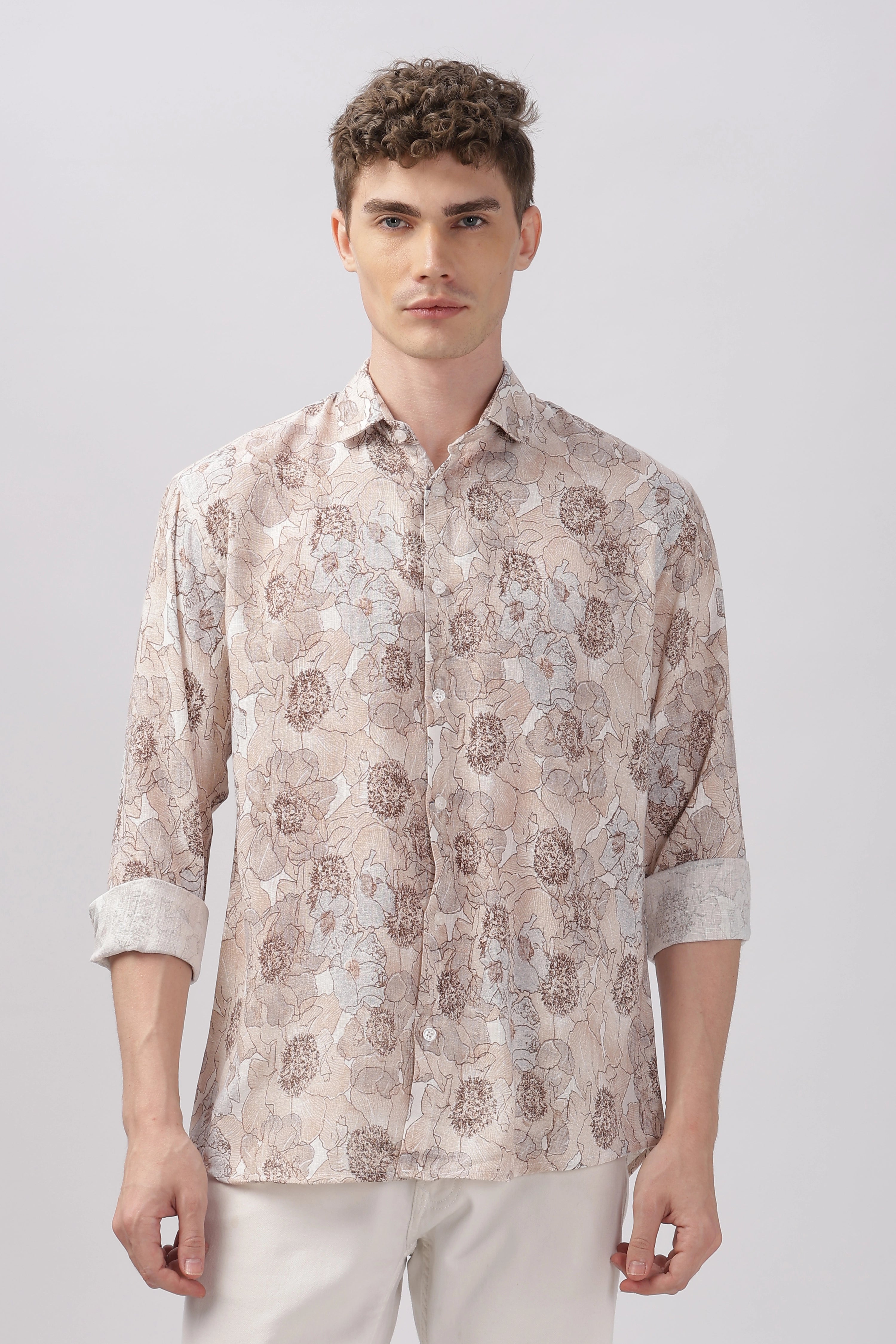 Orange flower printed full sleeve linen shirt