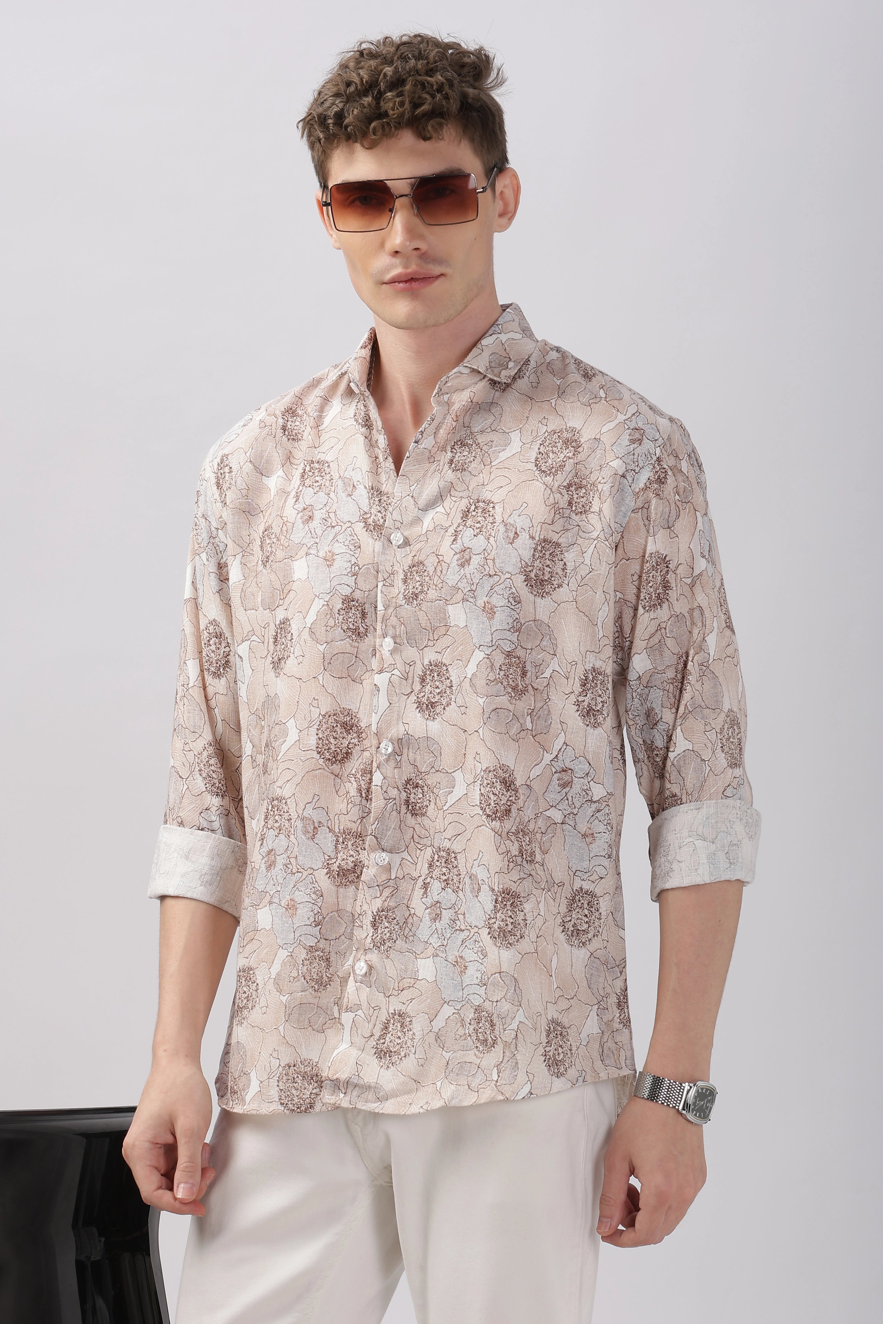 Orange flower printed full sleeve linen shirt