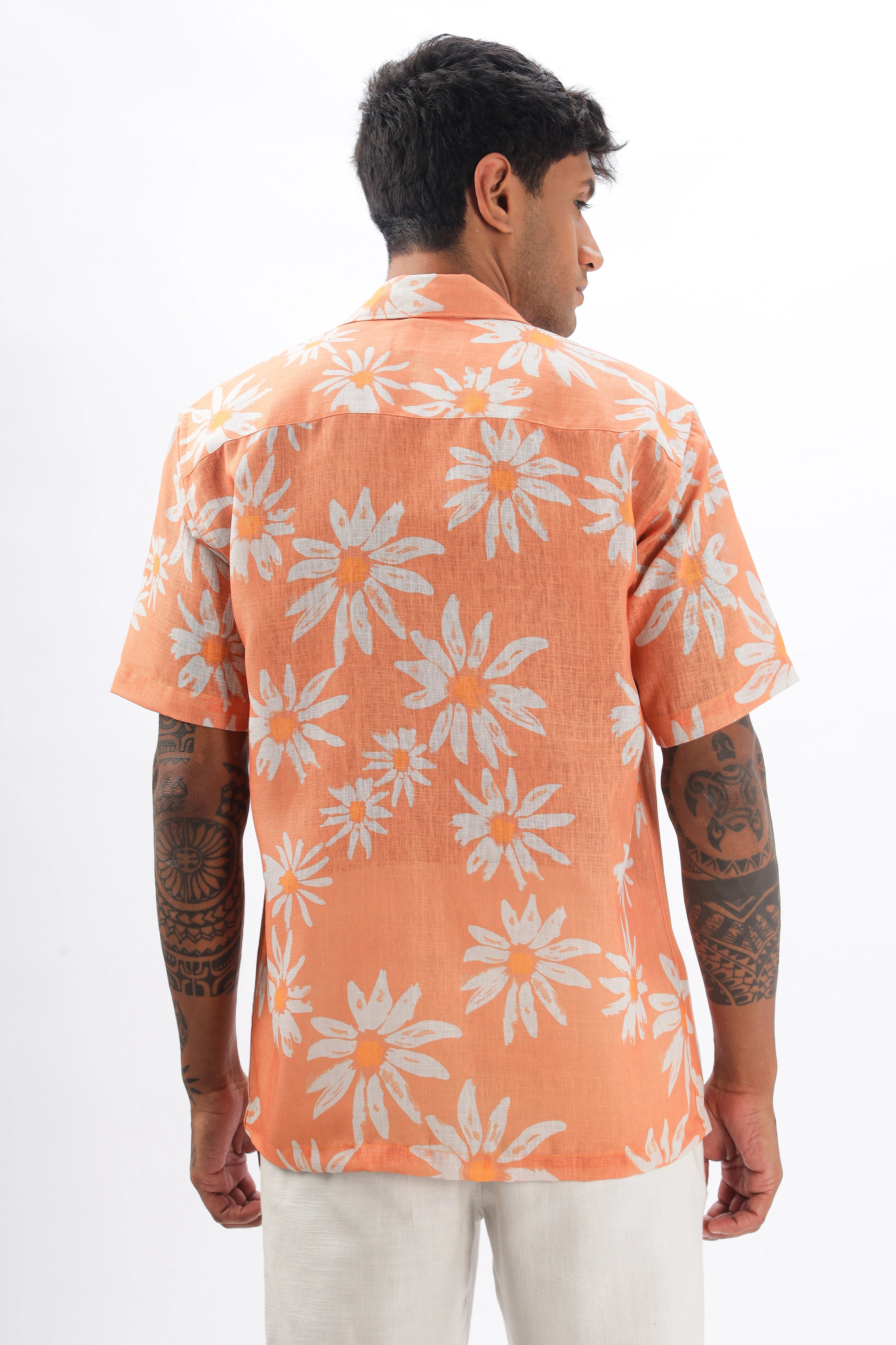 Orange flower printed linen shirt