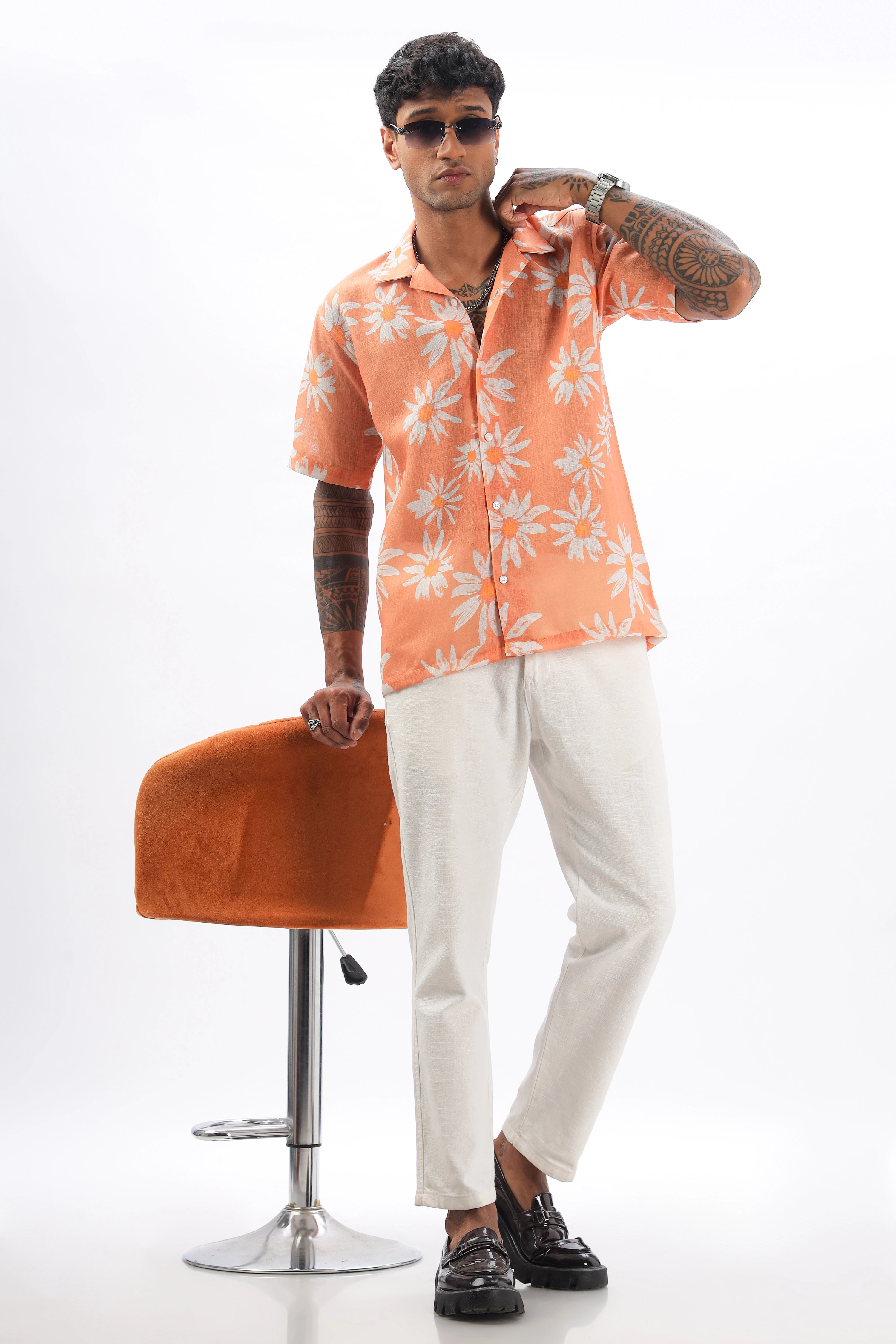 Orange flower printed linen shirt