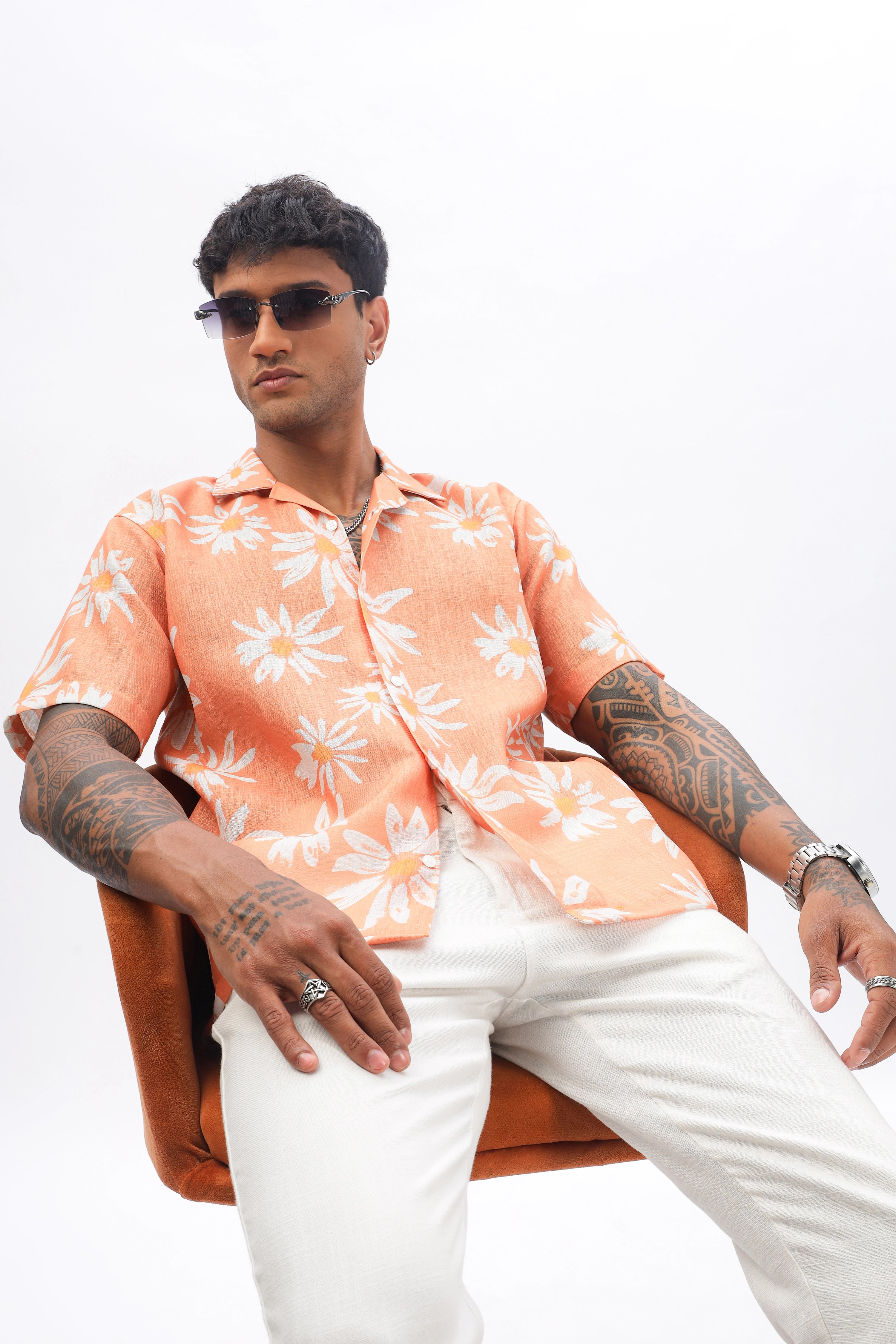 Orange flower printed linen shirt