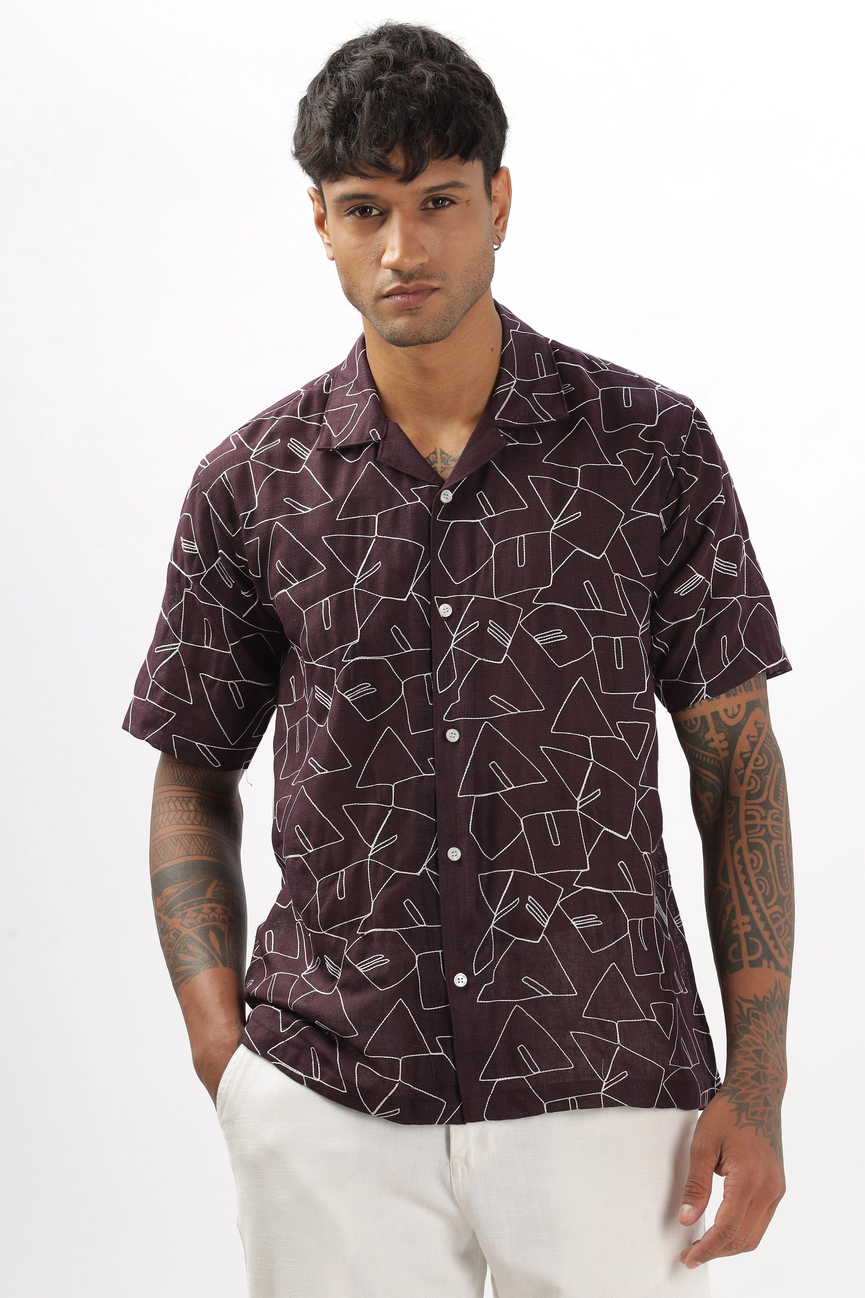 Purple abstract linen embroidered half sleeve shirt