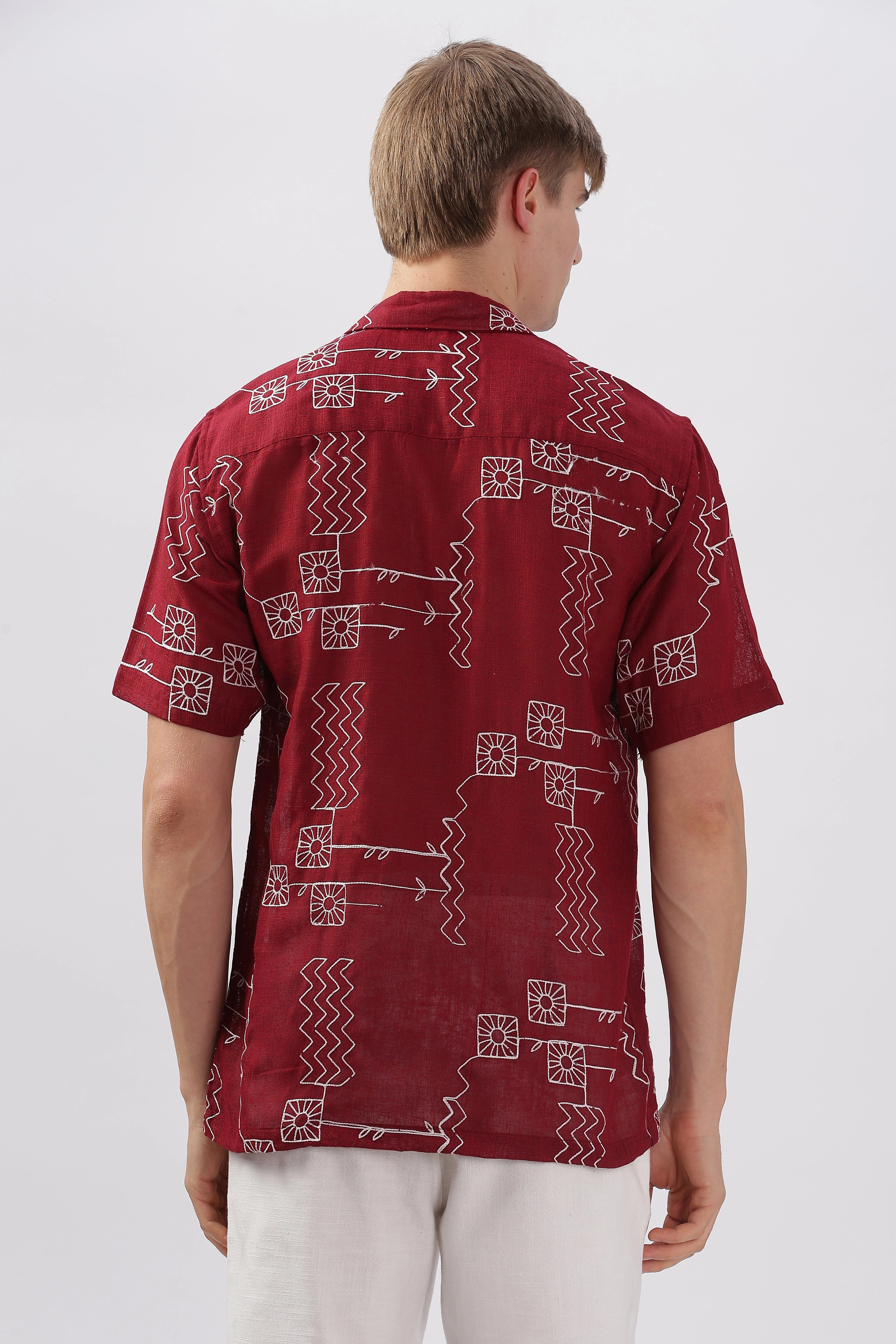 Red abstract linen embroidered half sleeve shirt