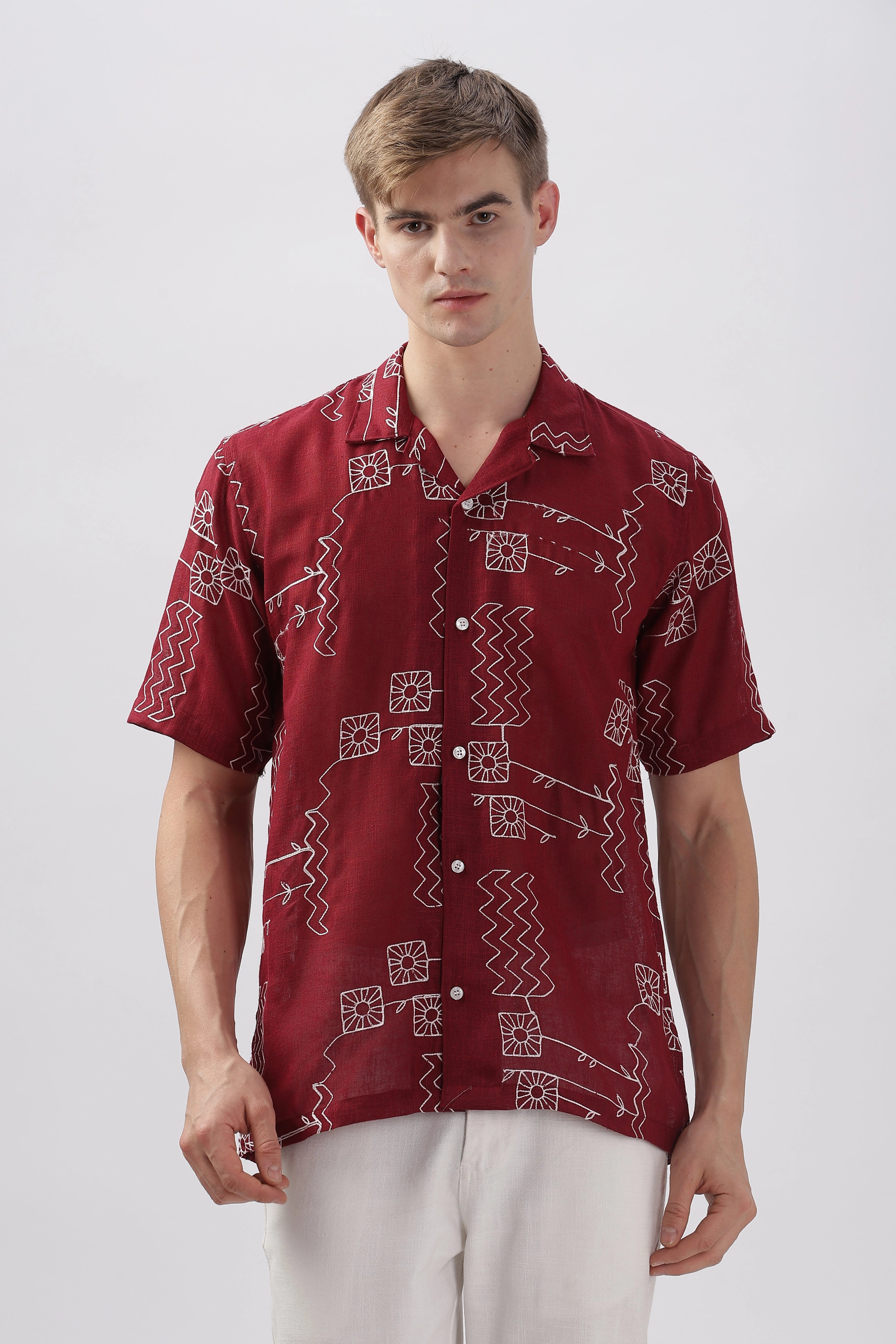 Red abstract linen embroidered half sleeve shirt