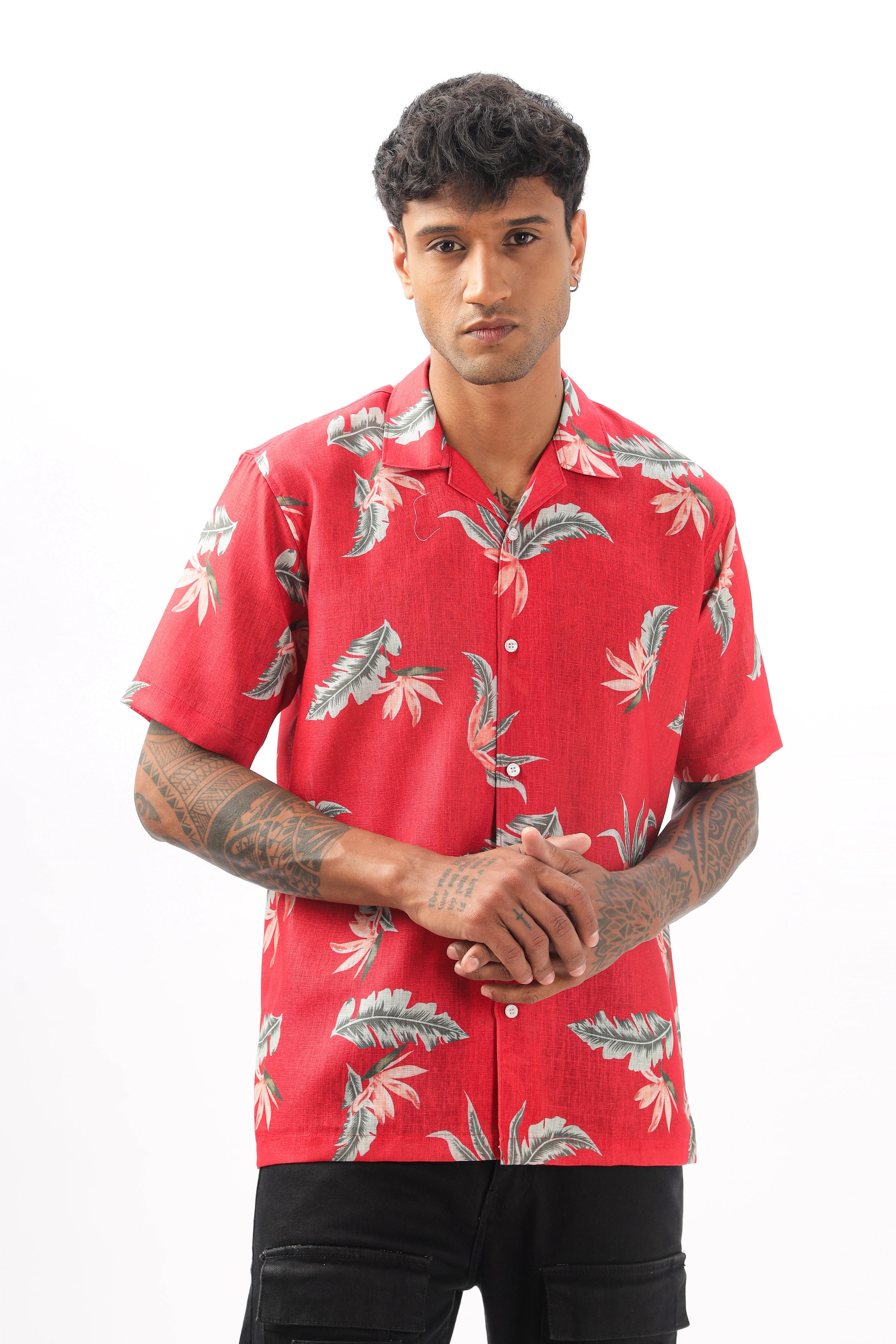 Red floral printed linen shirt