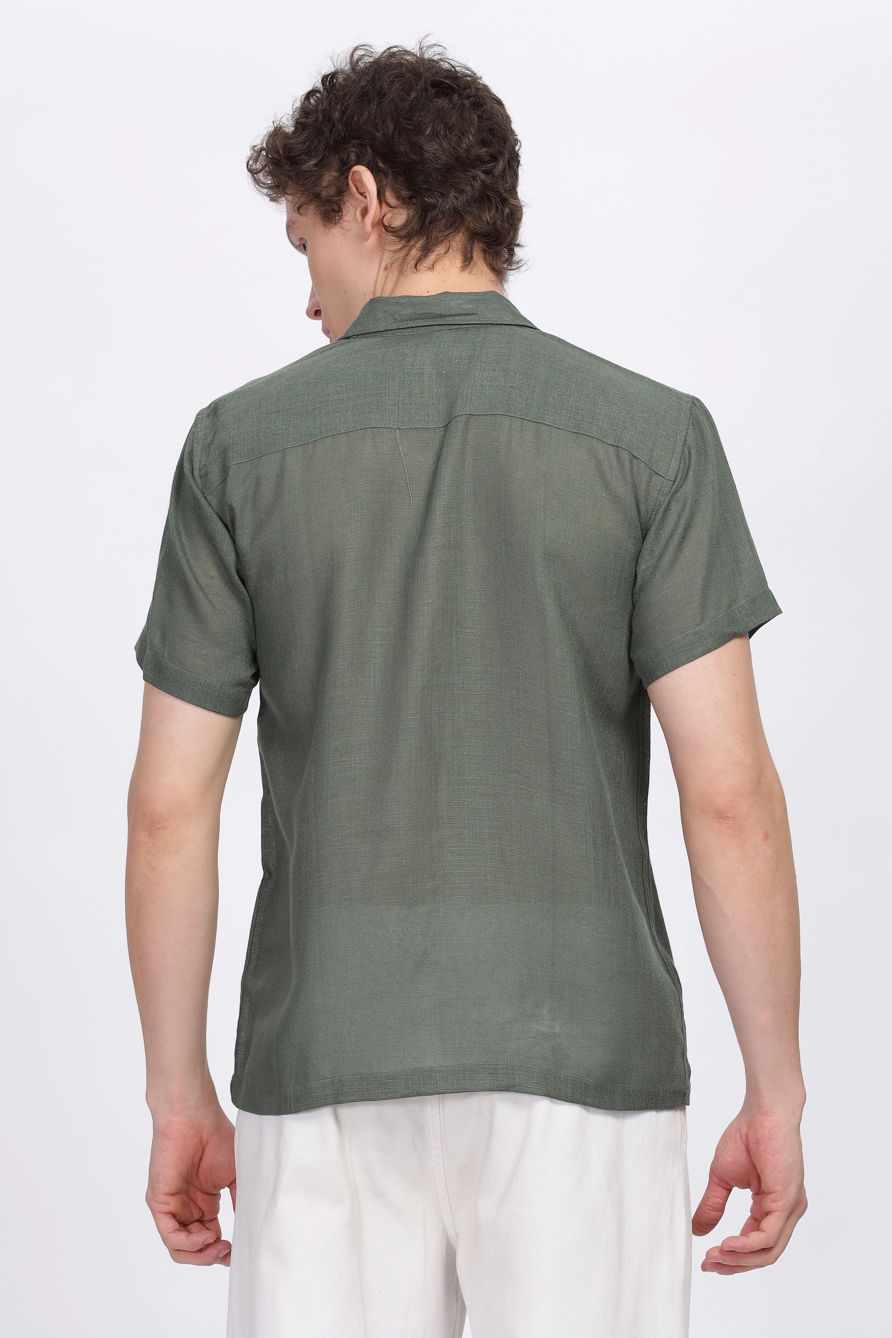 Turtle green half sleeve linen shirt for men