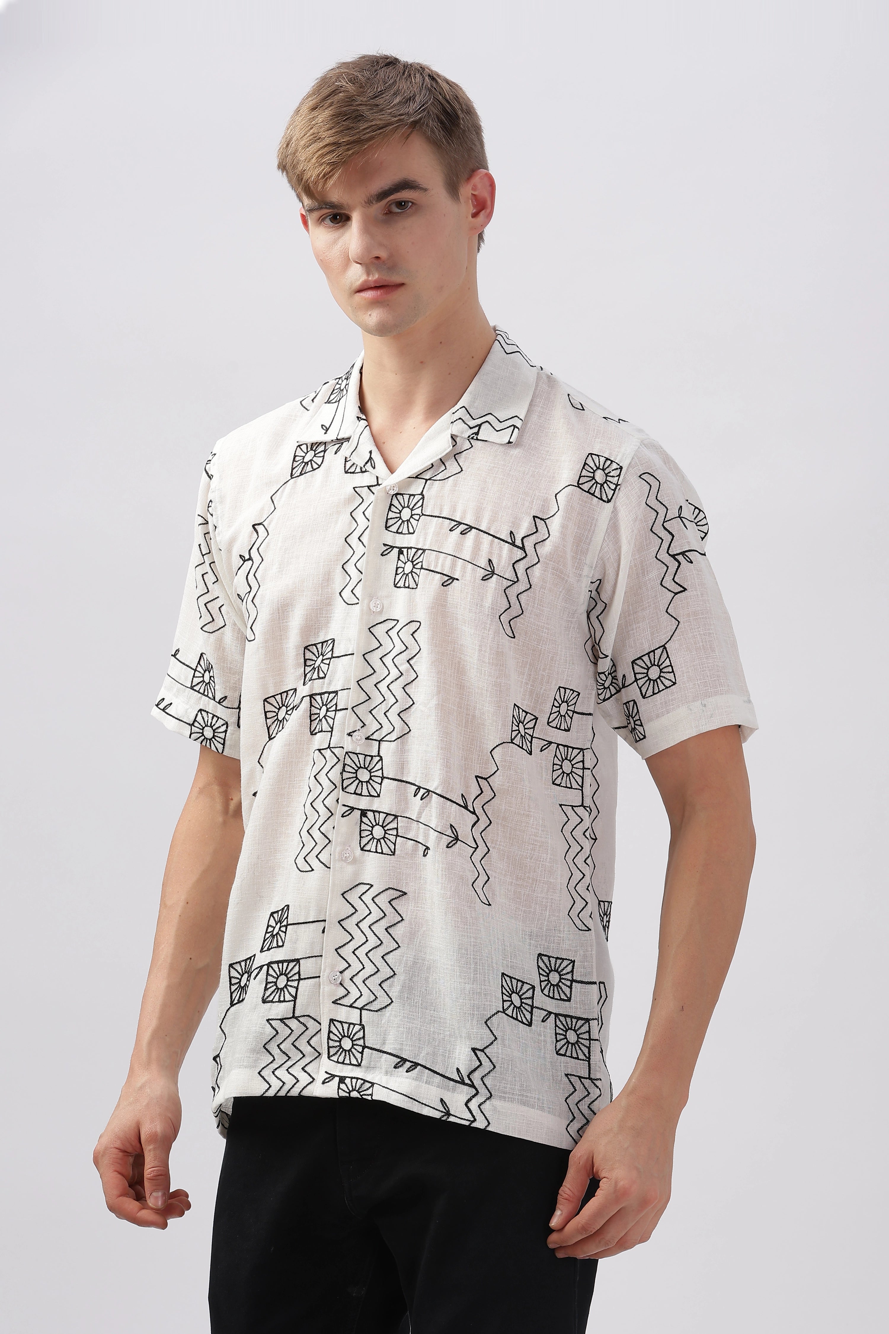 White abstract linen embroidered half sleeve shirt