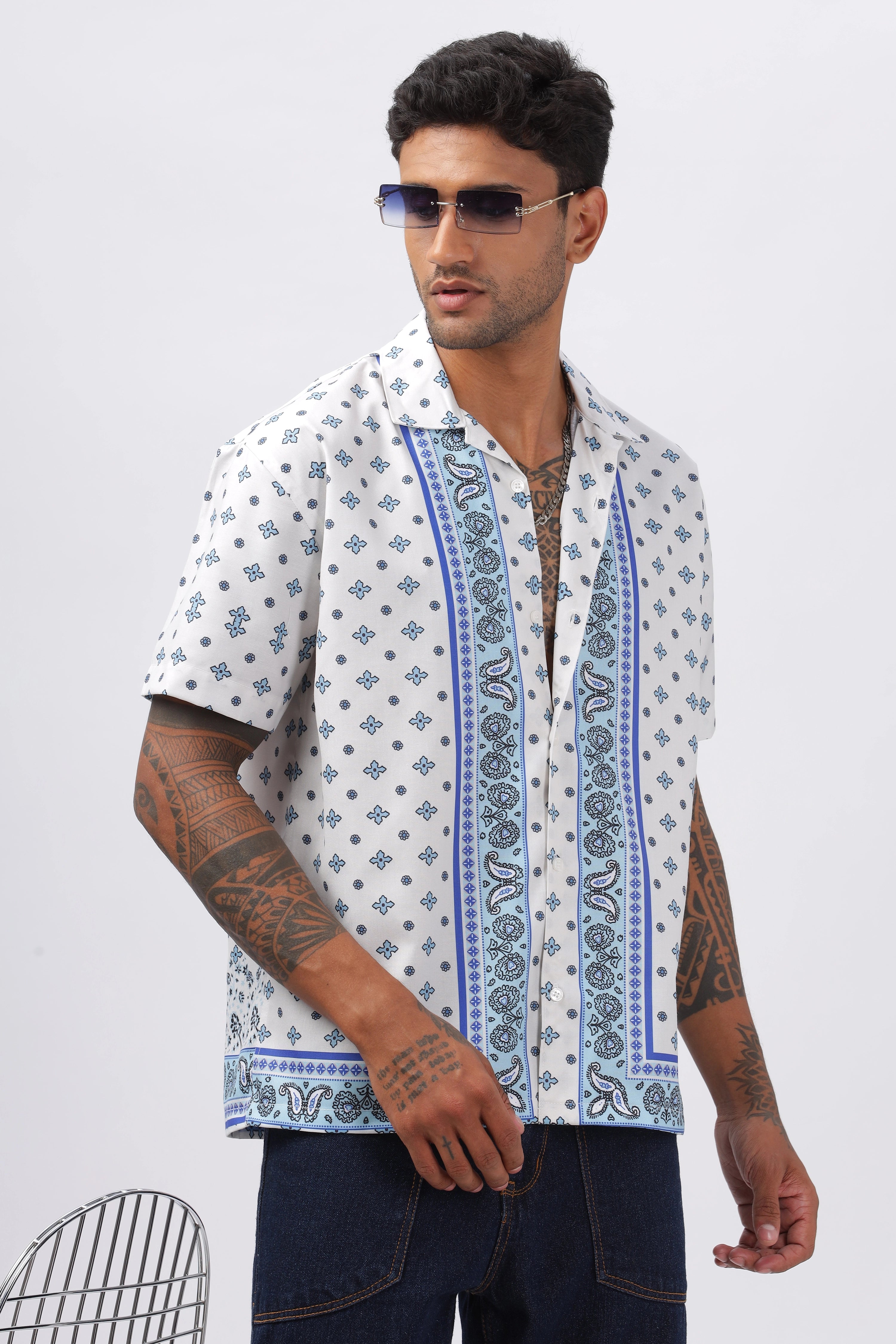 White and blue paisley boder printed half sleeve shirt