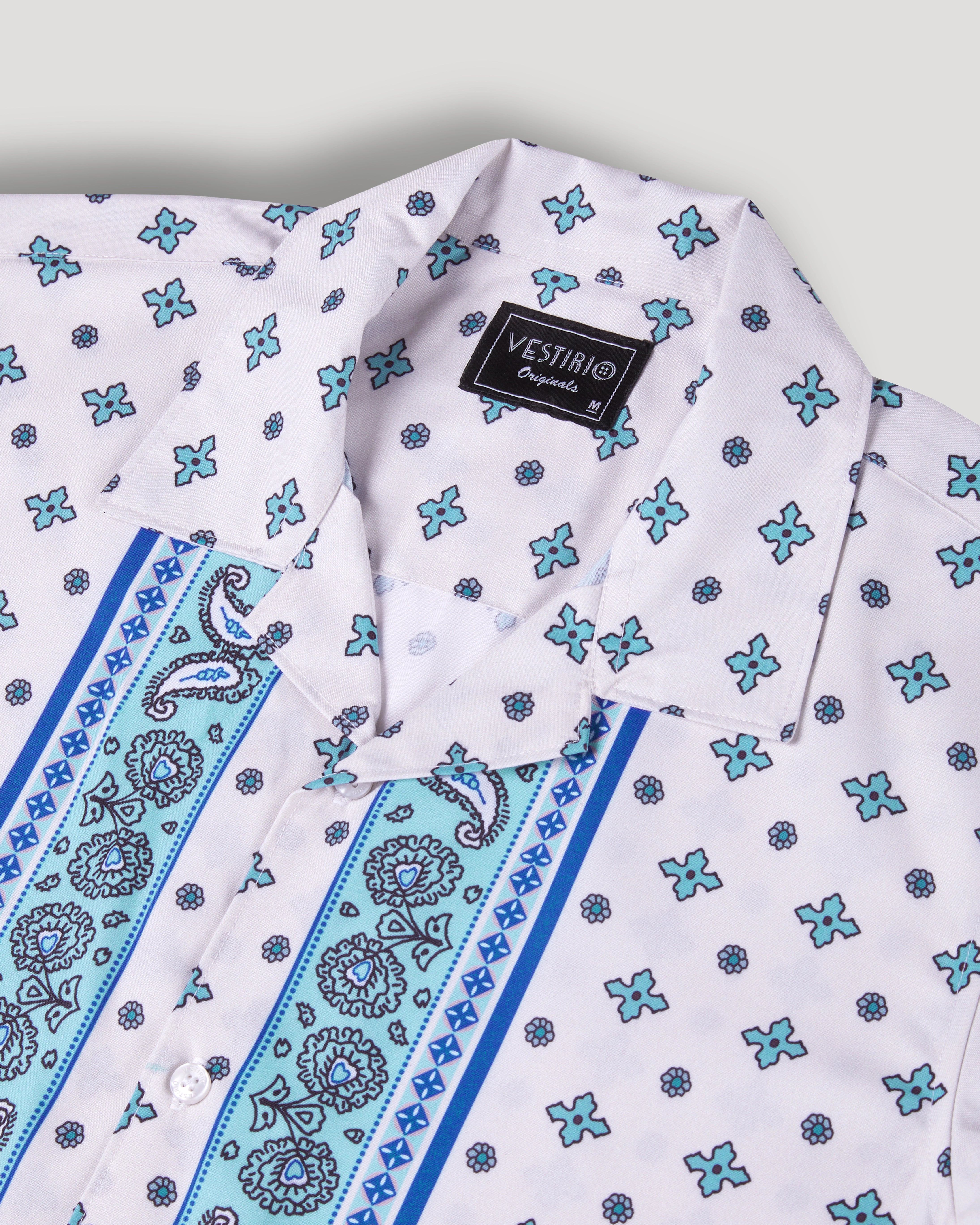 White and blue paisley boder printed half sleeve shirt