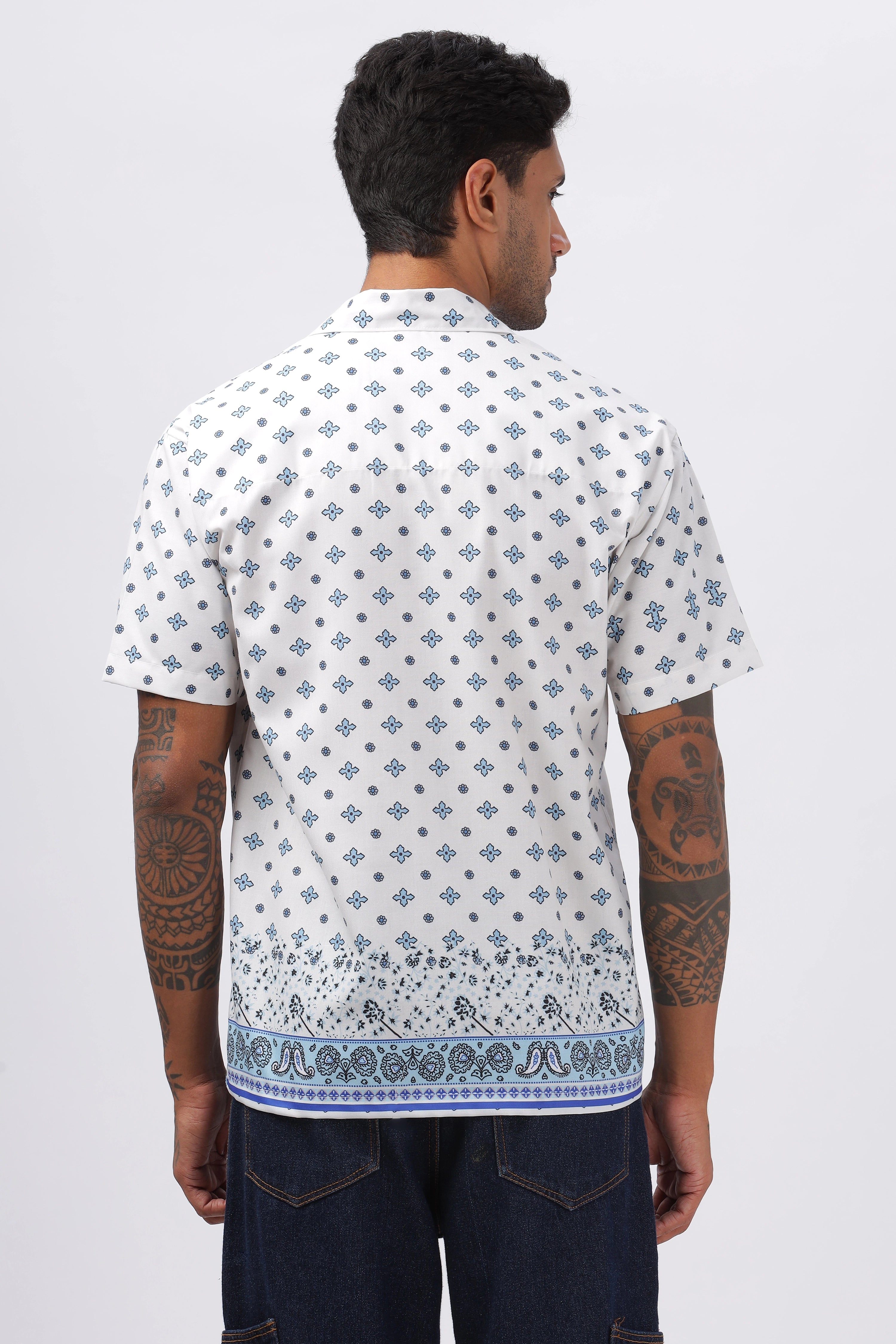 White and blue paisley boder printed half sleeve shirt