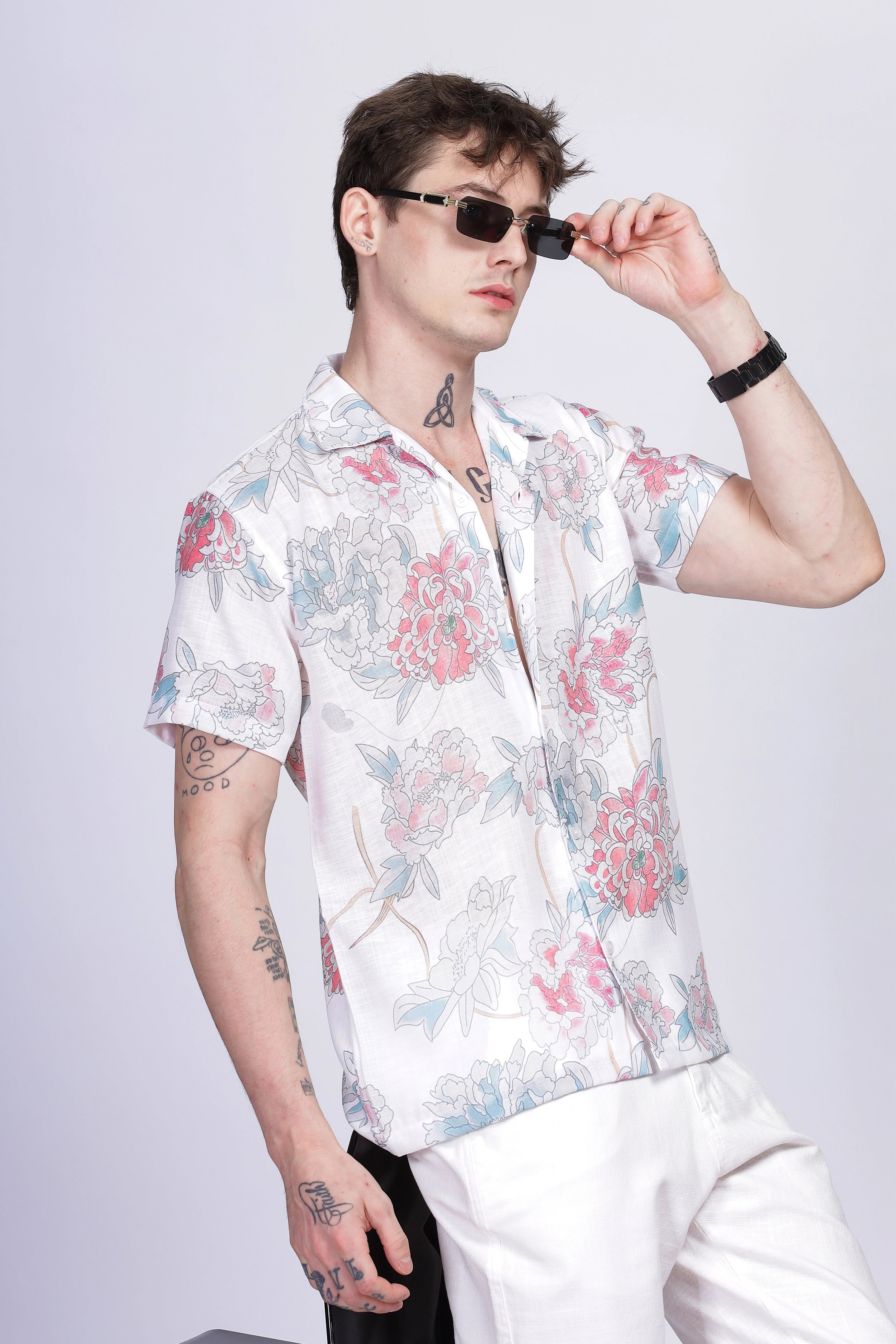 White floral printed linen shirt for men