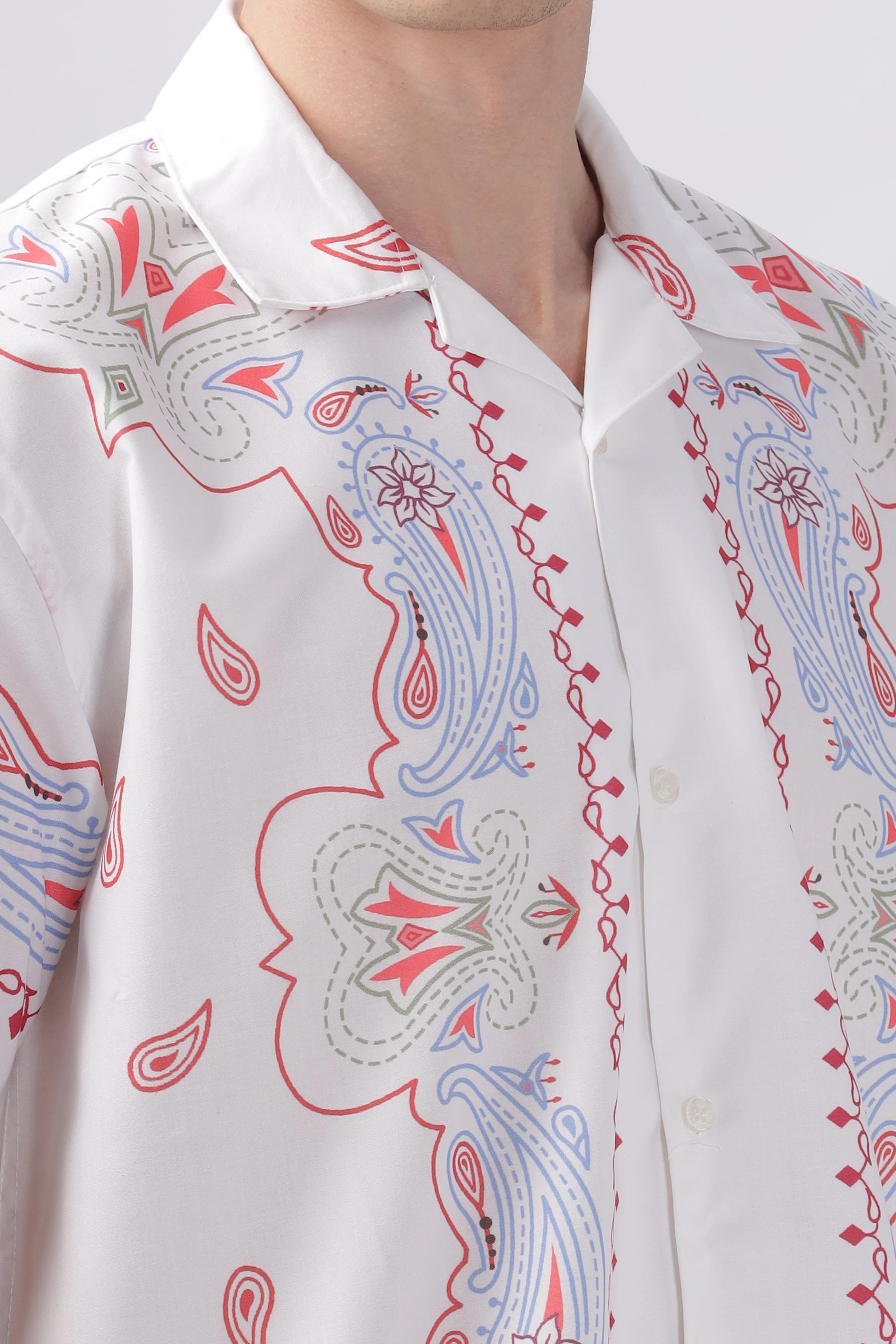 White paisley border printed camp collar shirt for men