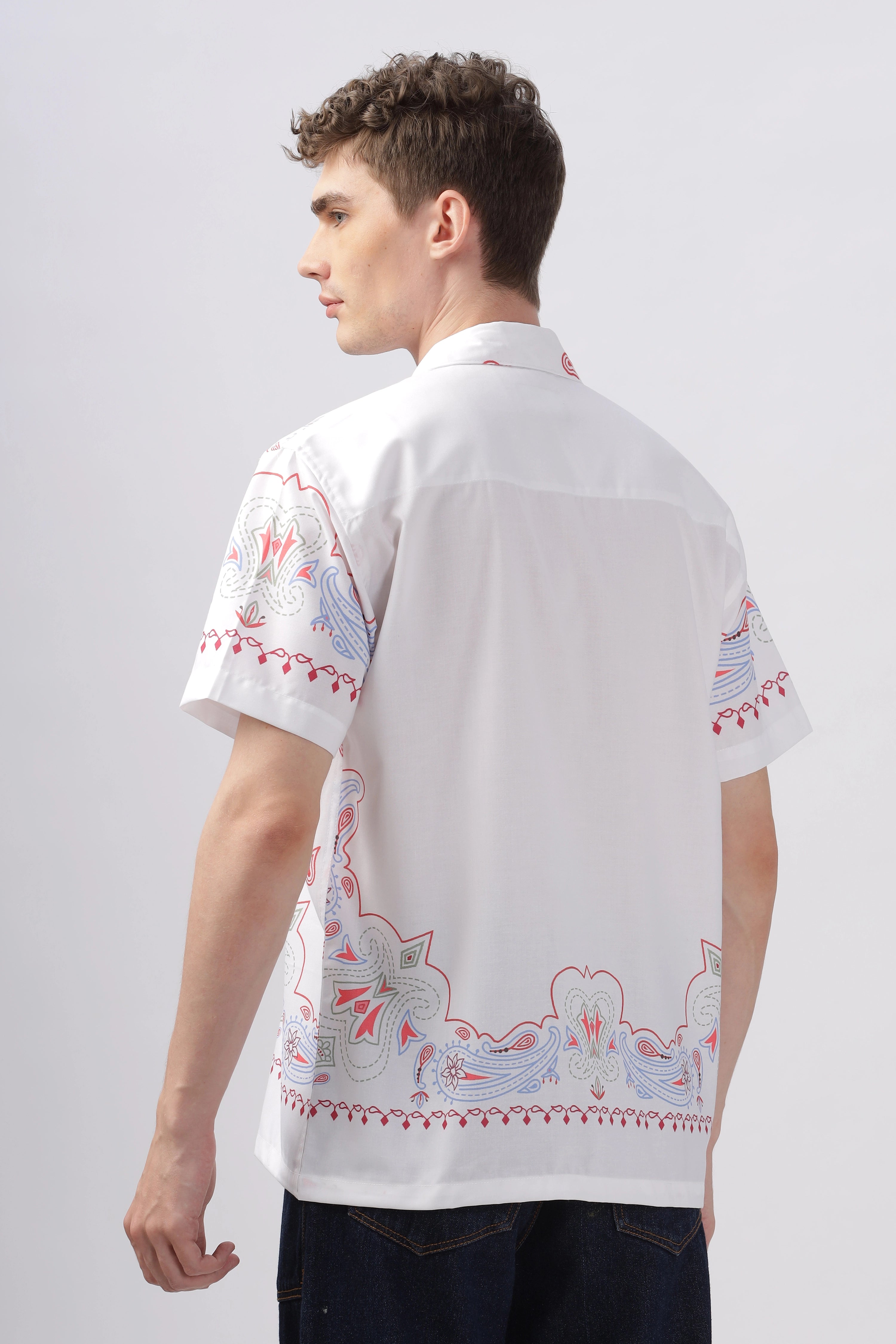 White paisley border printed camp collar shirt for men