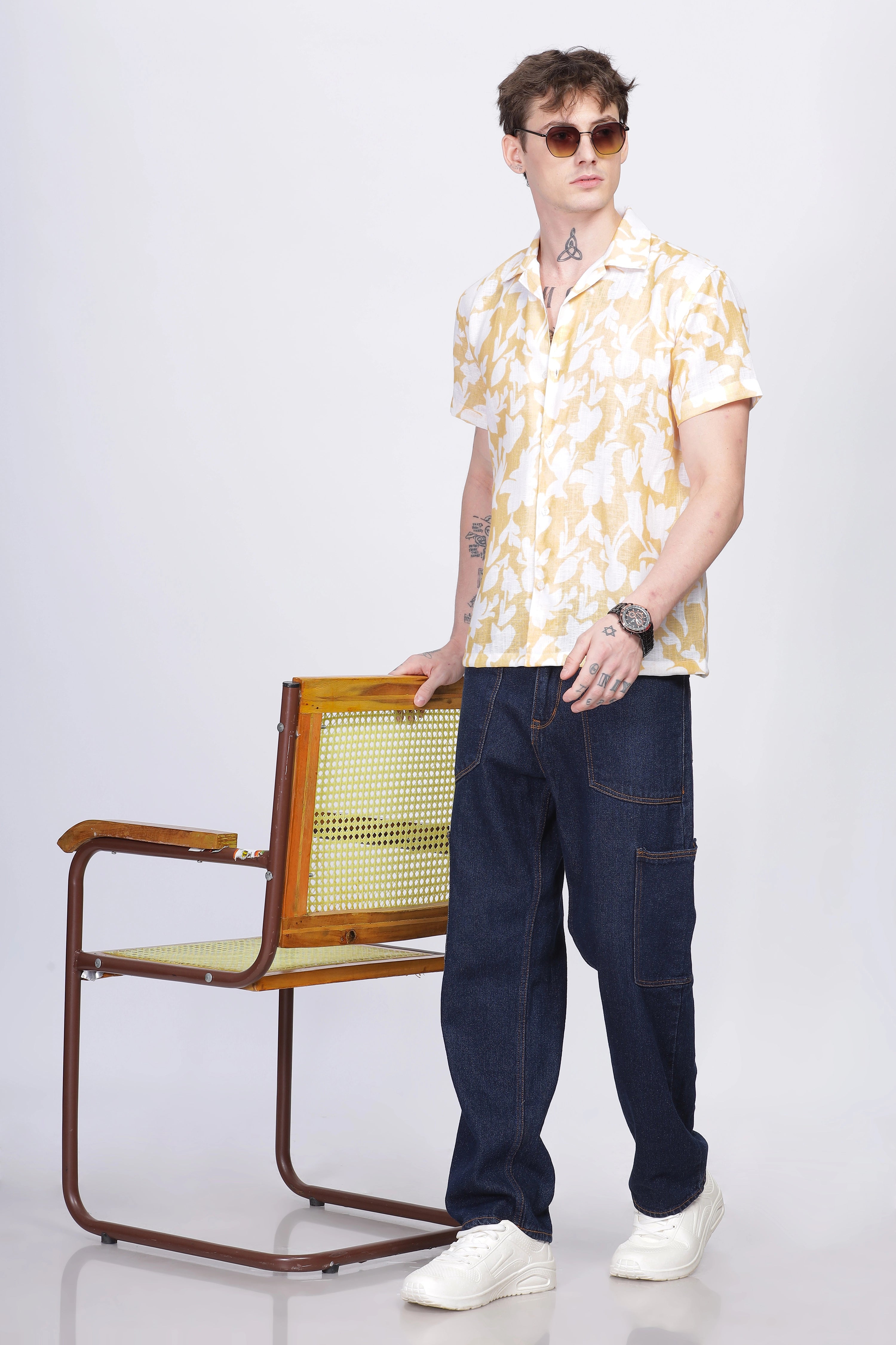 Yellow floral printed linen shirt for men