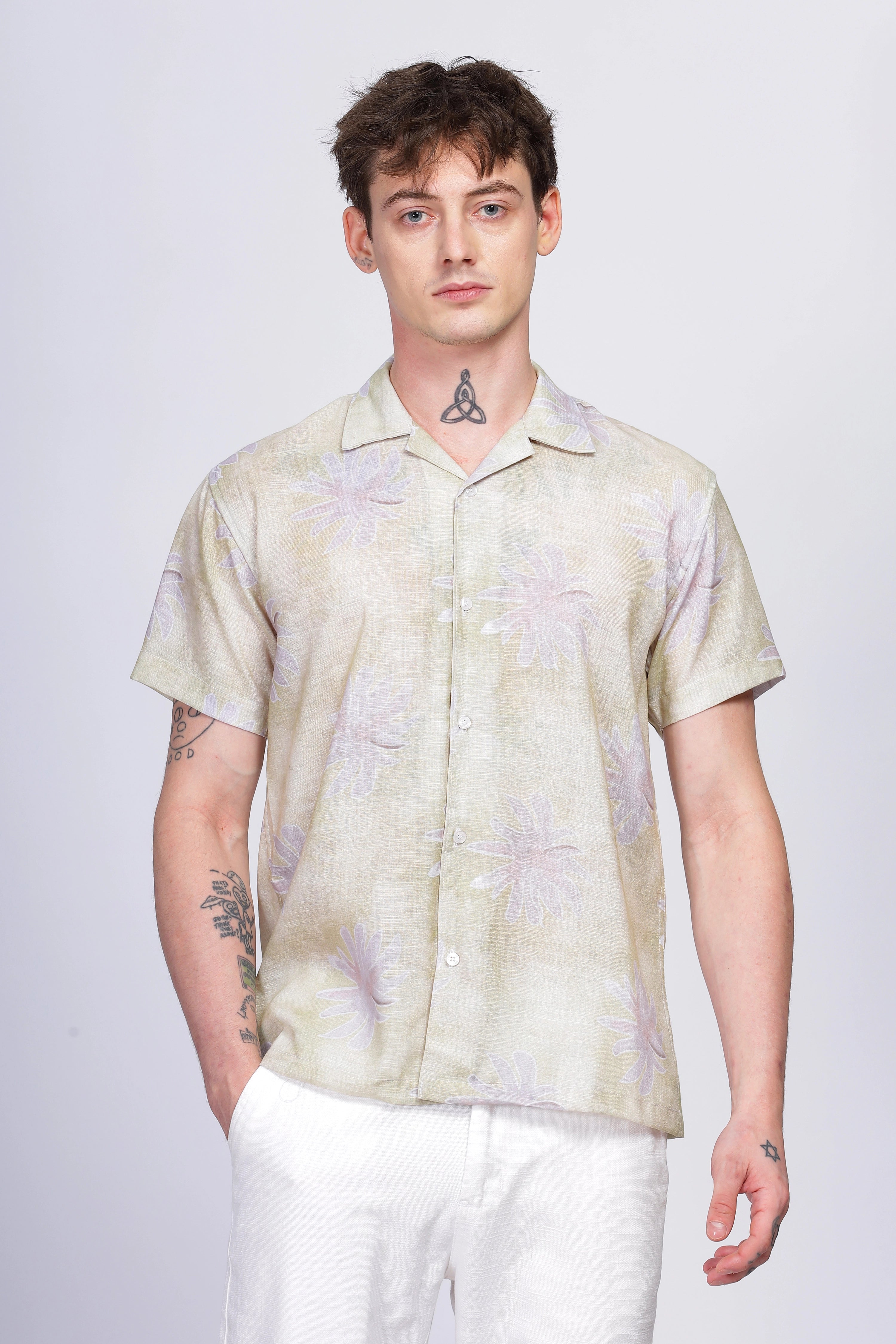 Yellow floral printed linen shirt for men