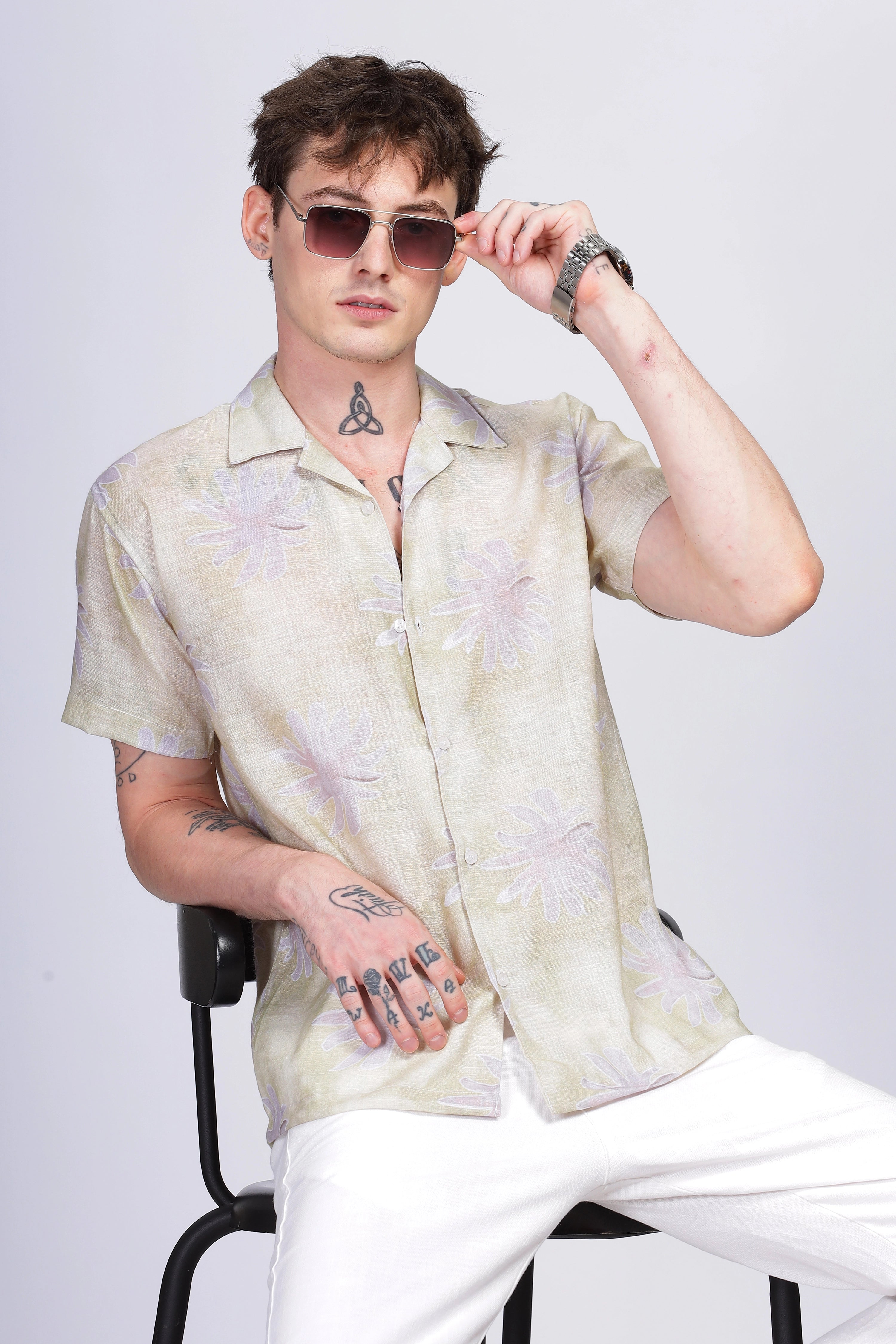 Yellow floral printed linen shirt for men