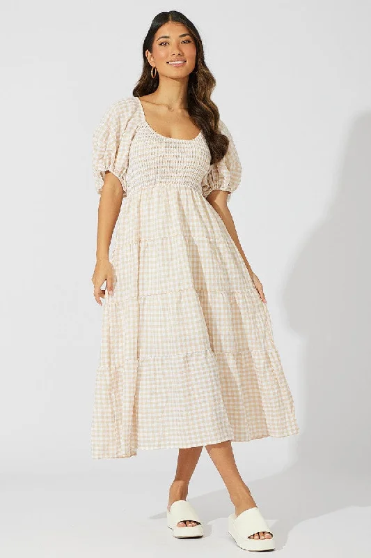 Beige Check Midi Dress Short Sleeve Shirred