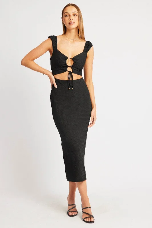 Black Bodycon Dress Textured Midi