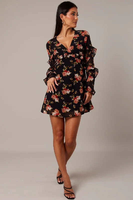 Black Floral Smock Dress Ruffle Sleeve Dress