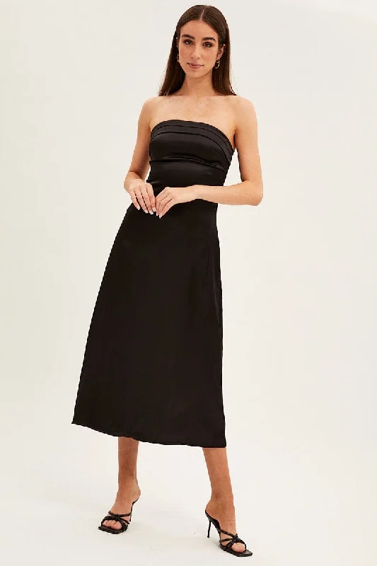 Black Satin Straight Midi Dress