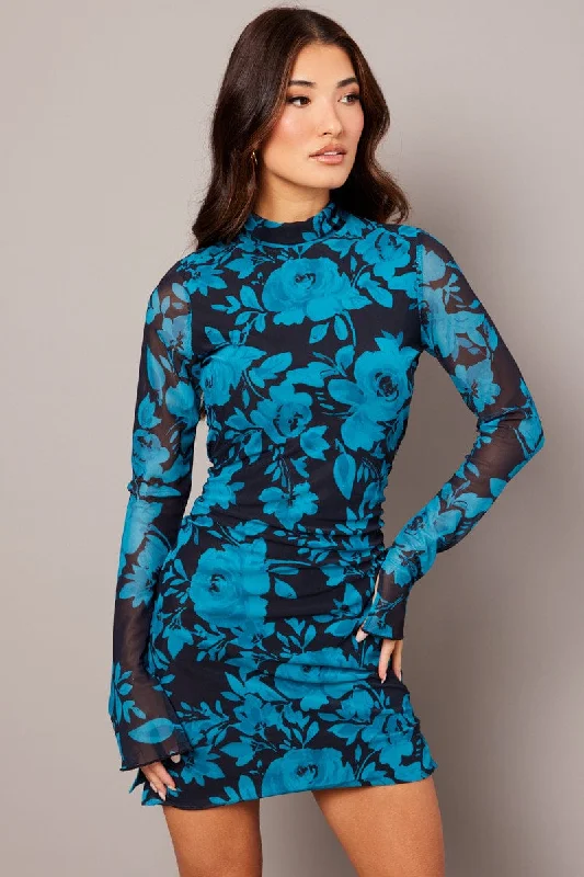 Blue Abstract Bodycon Dress High Neck Mini Long Sleeve