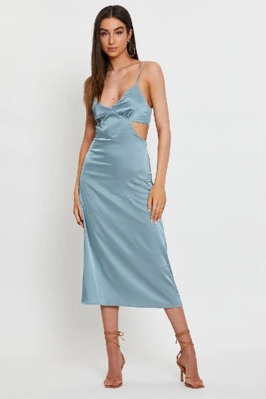 Blue Midi Dress Satin