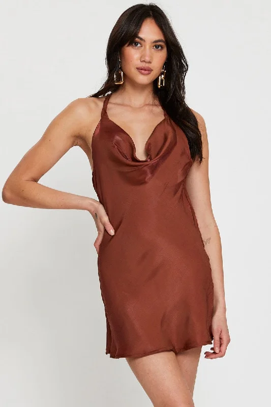 Brown Mini Dress Cowl Neck Satin