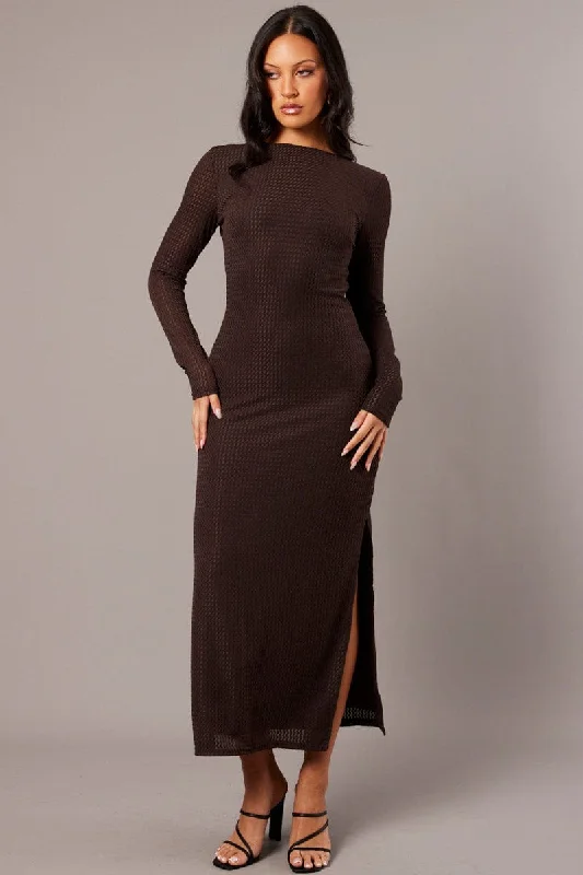 Brown Textured Dress Long Sleeve