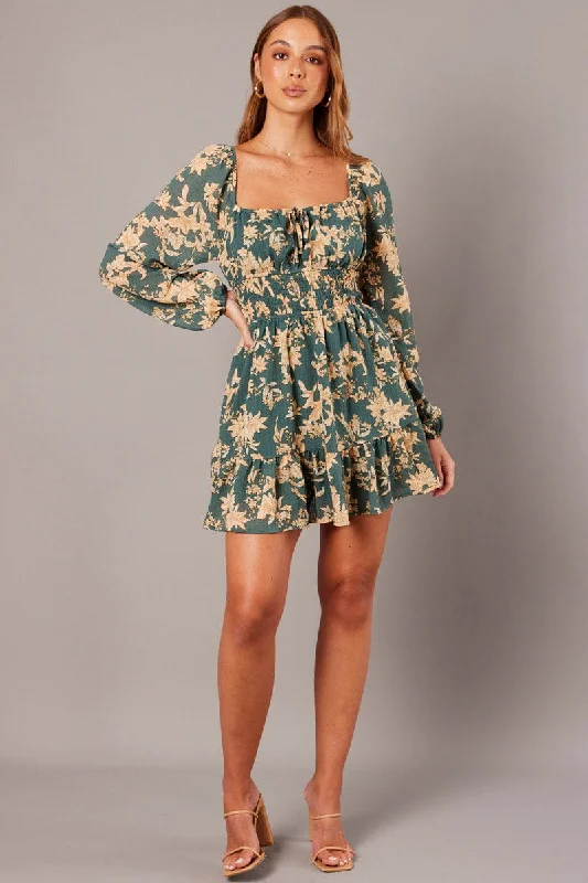 Green Floral Fit and Flare Dress Long Sleeve Ruched Bust