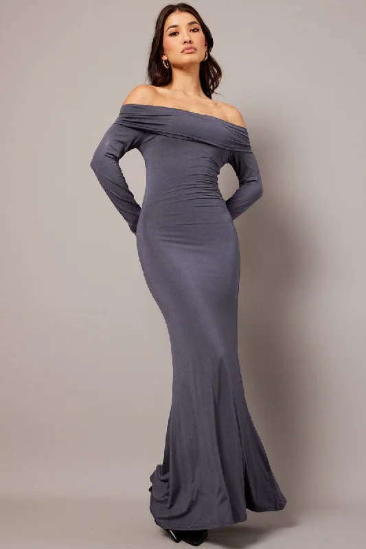 Grey Off Shoulder Dress Long Sleeve Maxi