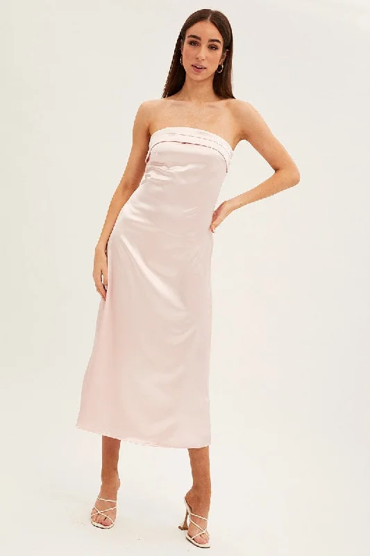 Pink Satin Straight Midi Dress