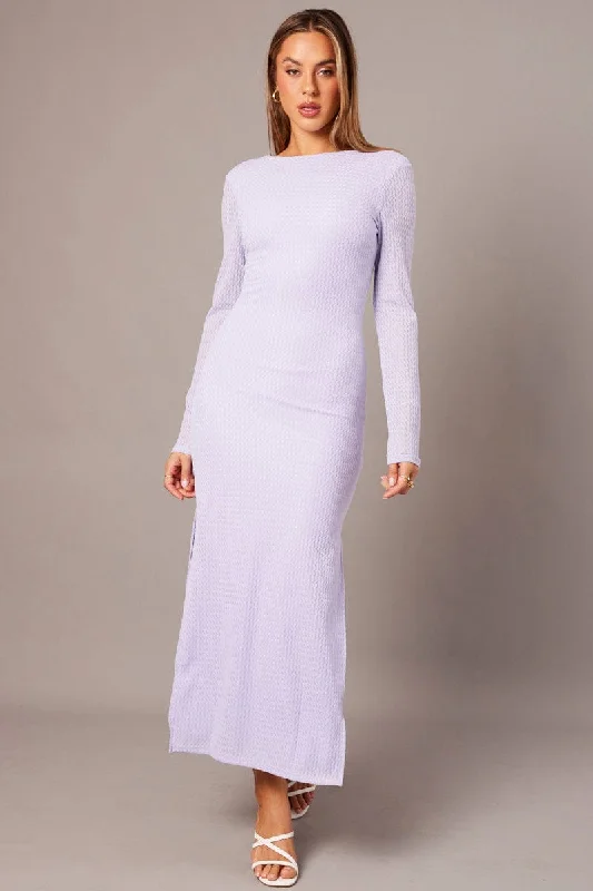 Purple Textured Dress Long Sleeve