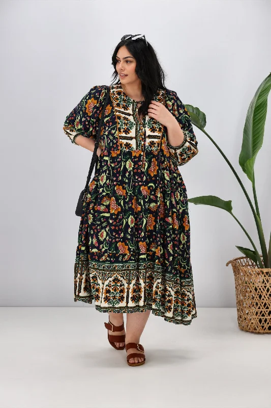 Sunday Boho Daria Dress Green Navy Print