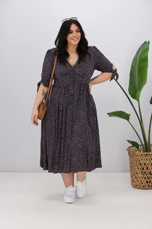 Sunday Boho Mabel Dress Ditsy Tan Leaf Navy