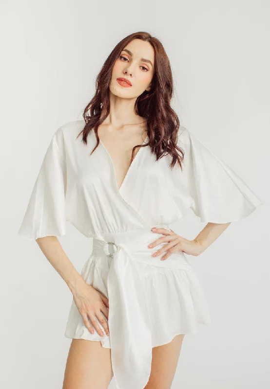 Strapless Women Dress with a Built - in Bra for Comfort and Support Strapless Women Dress with a Built - in Bra for Comfort and Support Eunice White Satin V-Neck Dolman Sleeves with Ruched Trim Waist Tie Mini Dress