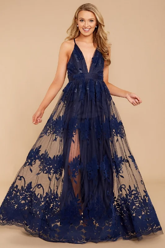 Crossing Paths Velvet Tulle Maxi Dress - Navy - FINAL SALE