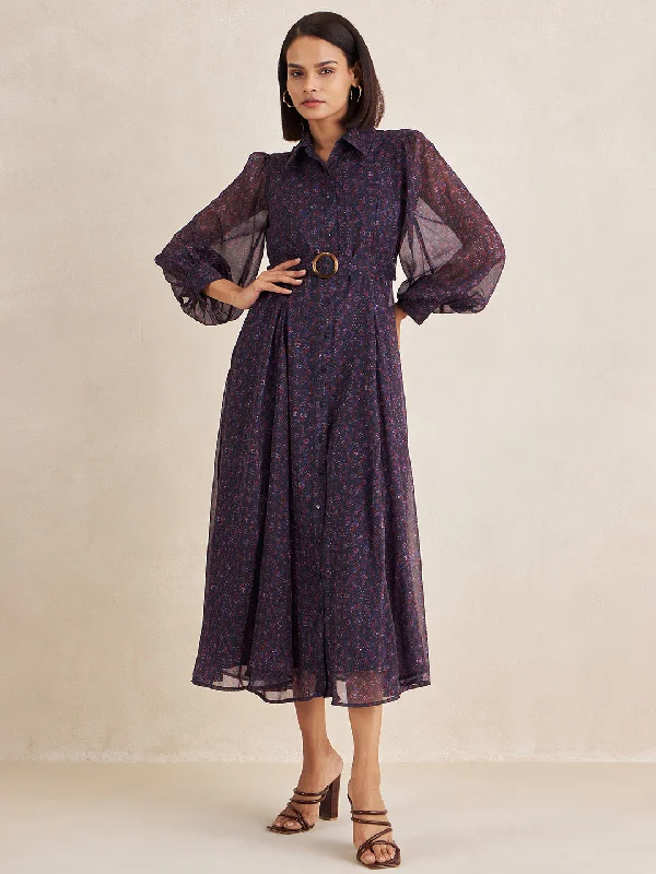 Navy Abstract Print Button Down Belted Maxi Dress