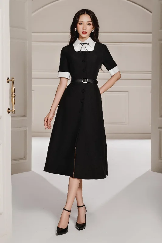 Binky A-line Shirt Collar Linen Cotton Midi Dress