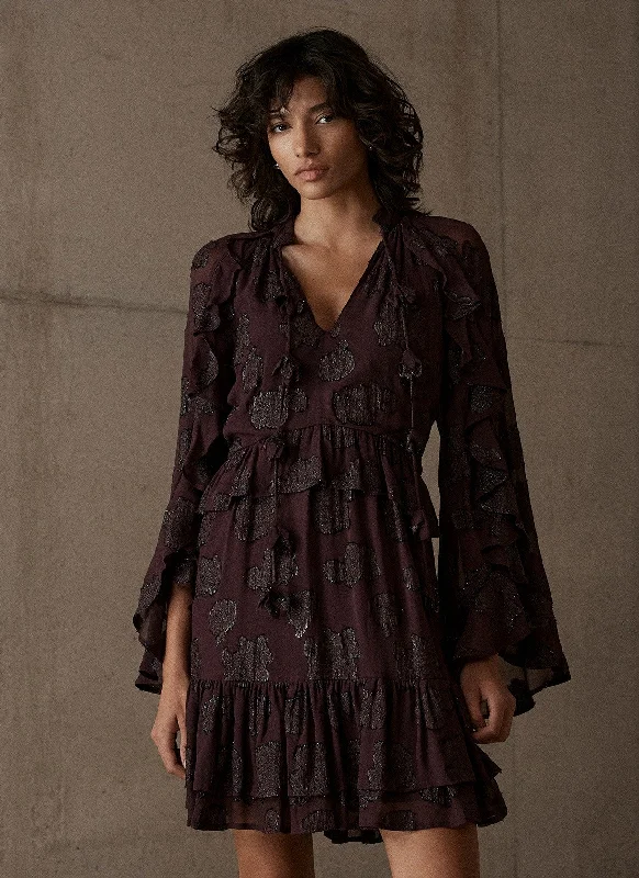 Burgundy Jacquard Cape Mini Dress