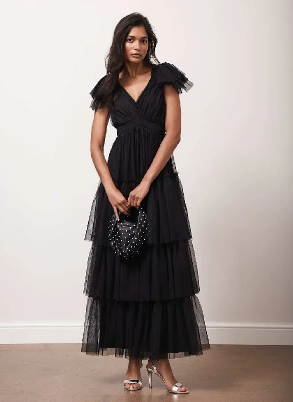 Black Spot Tulle Ruffle Maxi Dress