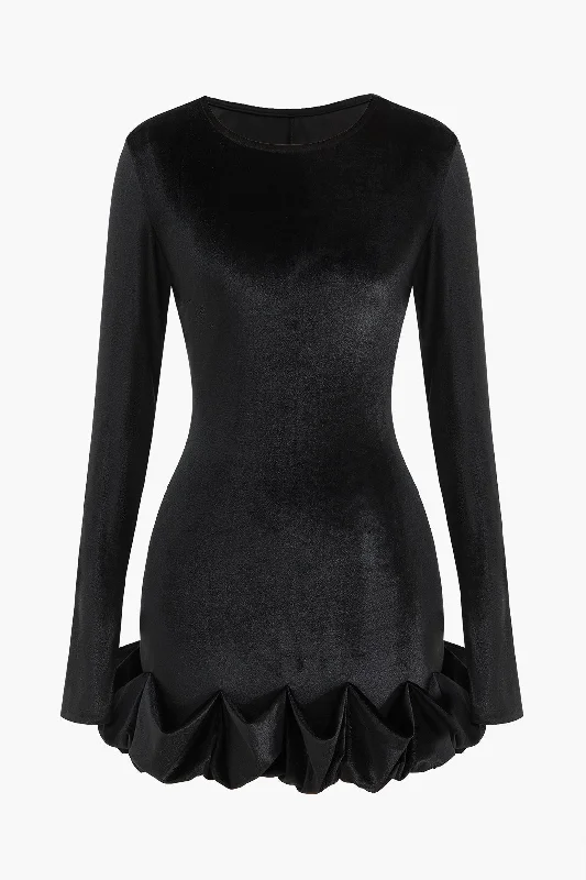 Velvet Long Sleeve Round Neck Mini Dress