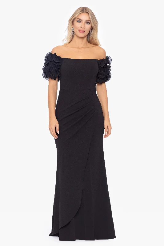 "Ashlyn" Long Scuba Crepe Off the Shoulder Wire Flower Gown