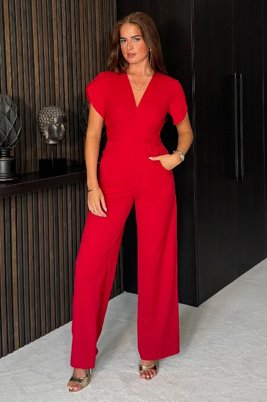 Bridget Bridget Twist Font Split Arm Jumpsuit Red