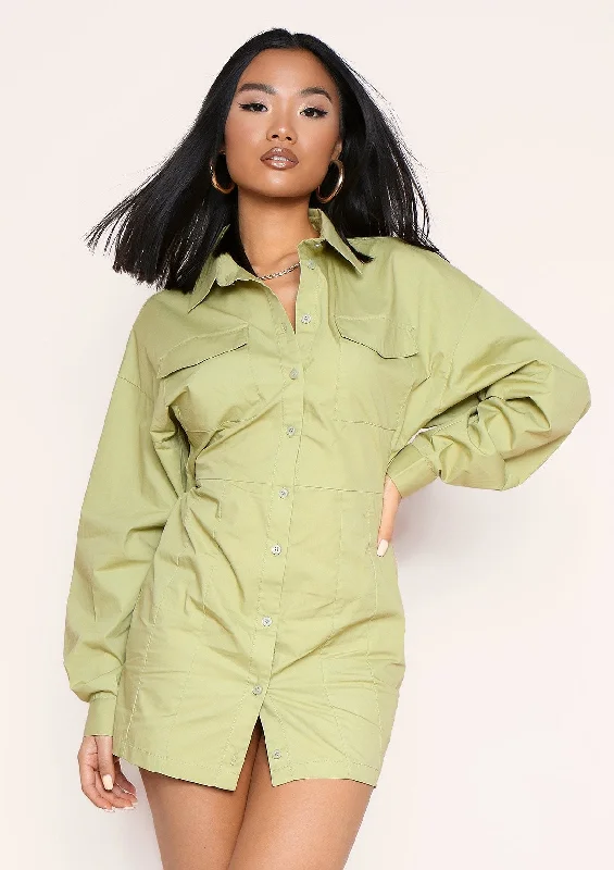 Cecilia Sage Green Pocket Front Back Detail Shirt Dress