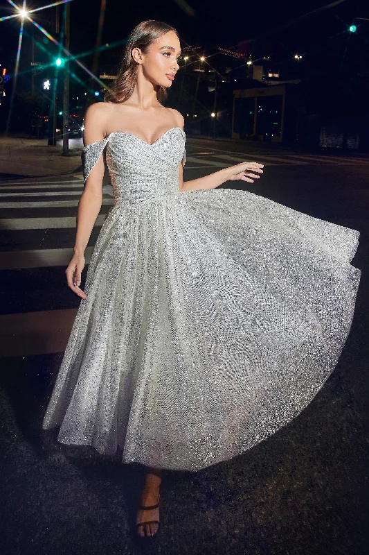 Cinderella Divine CD869W Glitter Off Shoulder Tea Length Wedding Dress