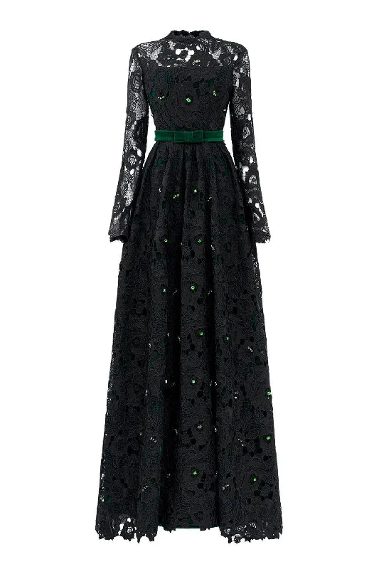 Dahlia A-line Lace Velvet Floor Length Dress