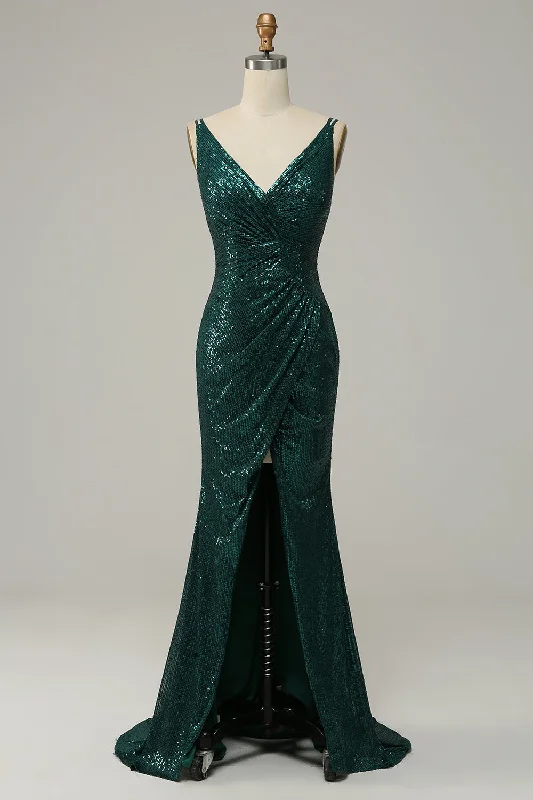 Dark Green Sequined Spaghetti Straps Prom Dress With Slit